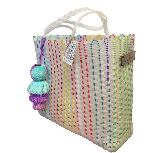 Squeeze De Citron Woven Tote Bag With Rainbow Stripes & Pom-Pom Keychain - Picture 2 of 7